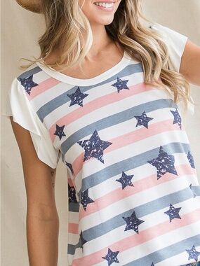 Women’s Star Stripe Short Sleeve Top - White Pink Blue